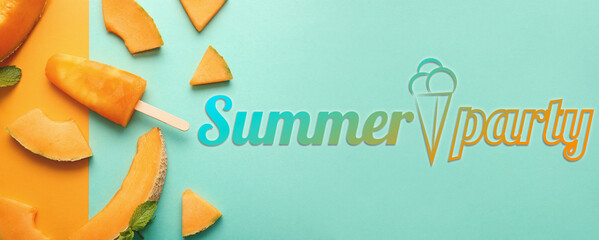 Advertisement banner for summer party with tasty melon ice cream