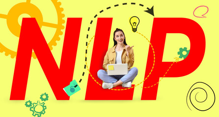 Collage with young woman using laptop and word NLP on yellow background