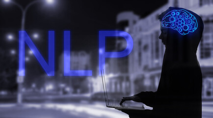 Collage with young man using laptop, night city and word NLP