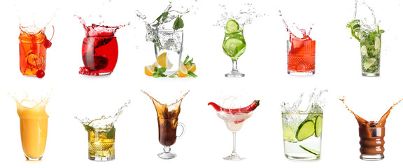 Set of different drinks with splashes isolated on white