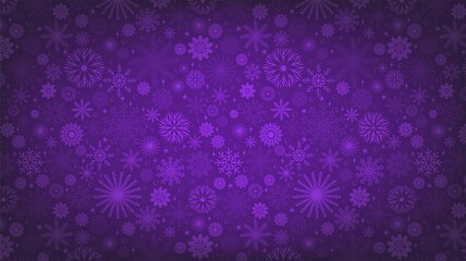 Naklejka na ściany i meble Snowy purple background. Christmas winter design. Falling snowflakes, abstract landscape. Magic nature fantasy snowfall texture decoration. Vector illustration