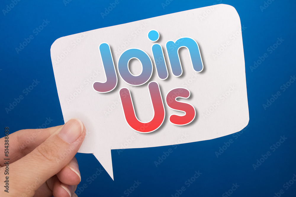 Aufkleber speech bubble in front of colored background with join us text.