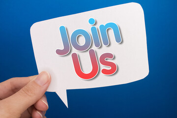 Speech bubble in front of colored background with Join Us text.