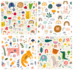Baby seamless patterns with animals. Fabric pattern. Vector illustration with cute animals. Nursery baby seamless.