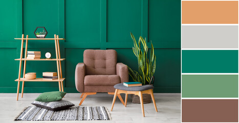Stylish interior of room with armchair and shelf unit near green wall. Different color patterns