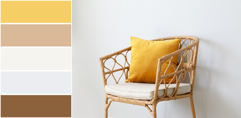 Wicker chair near light wall. Different color patterns