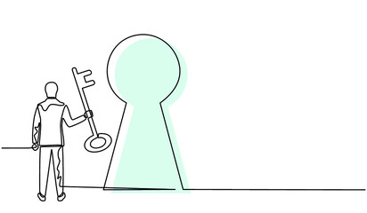 Continuous one line drawing of a businessman carrying a key with a padlock around. Lock and padlock icon. The concept of achieving keys to success, solutions and opportunities in doodle style.