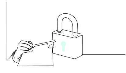 Continuous one line drawing of the concept of a hand holding a key with a padlock around. Lock and padlock icon. Success keys, solutions, opportunities and safety concept in doodle style.