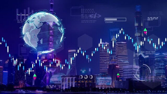 Stock exchange market and investment, finance stock market graph chart price, business district city building background 3D animation global