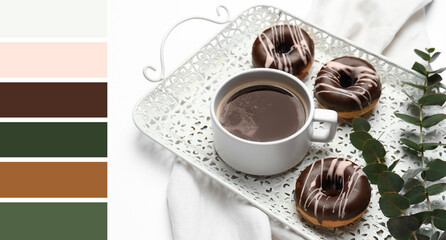 Tray with tasty chocolate donuts and cup of coffee. Different color patterns
