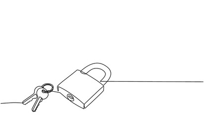 Continuous one line drawing of a lock and padlock. Lock and padlock icon. Real estate concept, success, solution, opportunity and security concept in doodle style.