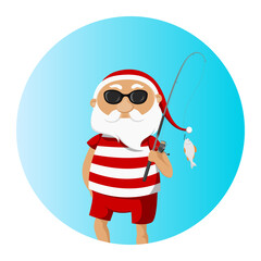 Santa with fishing rod. Vector illustration.