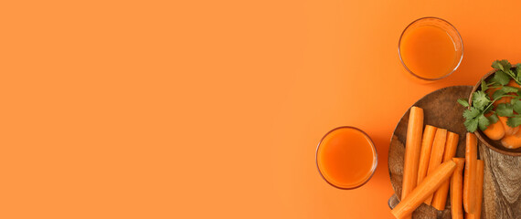 Glasses of fresh carrot juice on orange background with space for text - obrazy, fototapety, plakaty