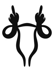 Uterus with ovaries rude middle finger my body my choice. Black symbol of protest, women's rights, feminism concepts. Copy space. Roe v Wade Vector illustration on white background. For posters