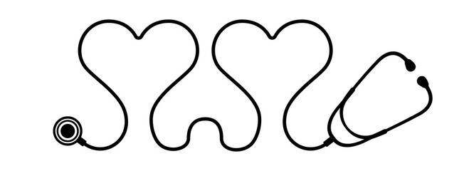 Heart shaped stethoscope icon vector isolated on white background with two hearts. Healthcare symbol to use in health industry, cardiology, medical care, hospital, health science projects.
