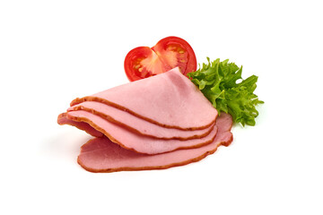 Sliced Hot smoked ham, isolated on white background.