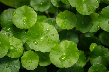Low key of raindrops on gotu kola leaves. Natural background Centella asiatica (gotu kola) with...