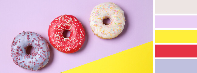 Sweet tasty donuts on color background. Different color patterns