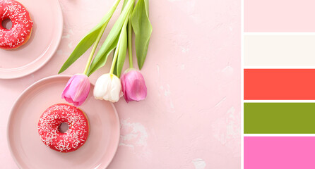 Tasty donuts and flowers on pink background. Different color patterns