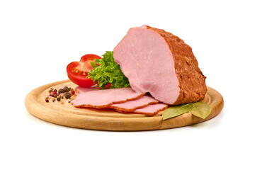 Smoked pork loin on a cutting board with condiments