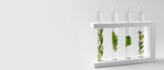 Test tubes with plants on light background with space for text