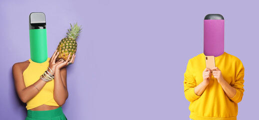 Women with electronic cigarettes instead of their heads on lilac background with space for text