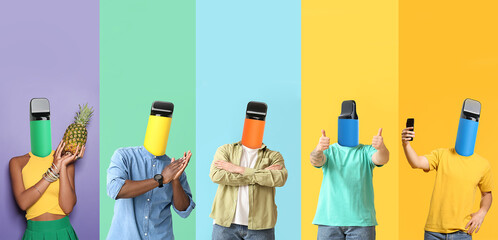 Set of people with electronic cigarettes instead of their heads on colorful background