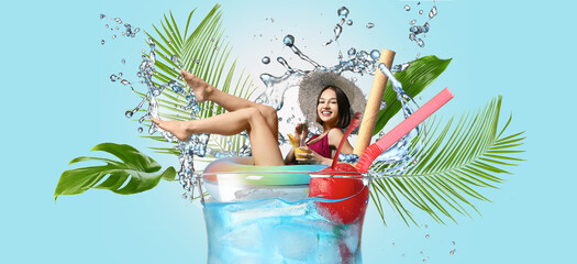 Creative collage of happy young woman with inflatable ring, glass of splashing cocktail and tropical leaves on blue background