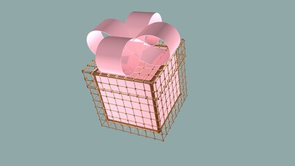 3d illustration, Gift box in a golden lattice with a large pink bow. Isolated. - 514390836