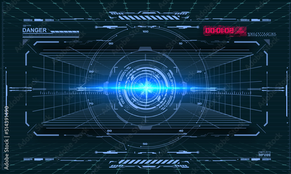 Poster Sci-fi helmet HUD interface. Futuristic view of the cockpit or spacecraft, aiming or aiming system, virtual reality. Target control panel or radar digital screen, game UI and crosshair dashboard.
