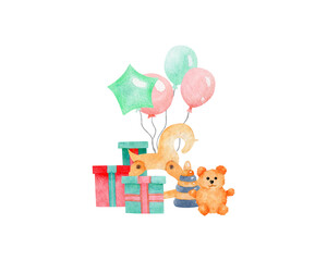 Baby watercolor illustration on isolated white background. Teddy bear, balloon, gifts. For designing greeting cards, social media, stationery, printing on objects, etc.