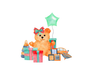Baby watercolor illustration on isolated white background. Teddy bear, gifts. For designing greeting cards, social media, stationery, printing on objects, etc.