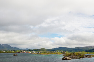Fototapeta na wymiar Panoramic view of the Norwegian coast, in Leknes from a cruise ship