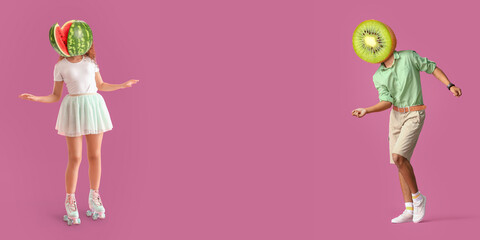 People with ripe watermelon and kiwi instead of their heads on pink background with space for text