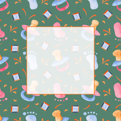 Baby watercolor square frame, seamless pattern on isolated  background. Pacifier. For greeting cards, designing social media, stationery, printing on objects, etc.