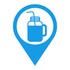 Mason jar icon. Logo smoothie bar. Ilustración con silueta de jarra y pajita para beber en marcador de posición de color azul