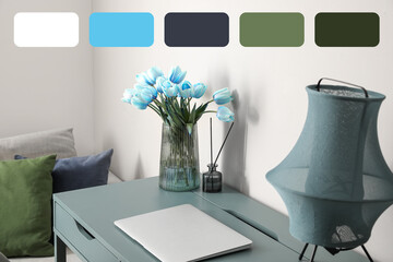 Workplace with laptop, lamp, blue tulips in vase and reed diffuser near light wall in room. Different color patterns