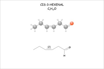 Stylized molecule model/structural formula of cis-3-hexenal.