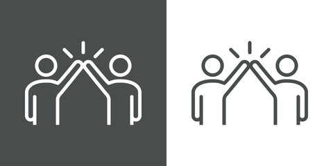 Logo give five. Icono con silueta de dos hombres con gesto de mano en alto. Vector con líneas en fondo gris y fondo blanco © teracreonte