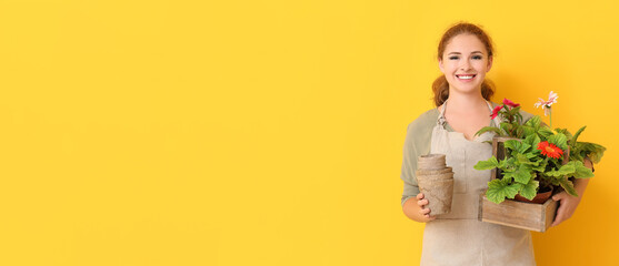 Portrait of female gardener on yellow background with space for text