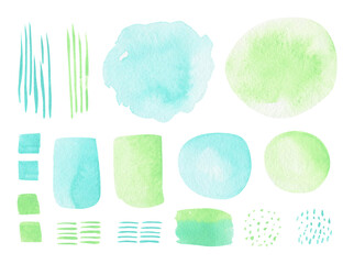 Watercolor abstract modern set on isolated background. Mint and warm green. For stationery design (postcards, calendars, notebooks, booklet etc.), clothing print, etc., phone case design etc.