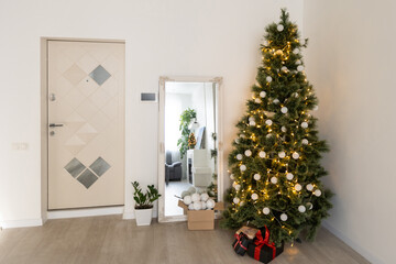 beautiful Christmas gifts under tree in new year decorated house interior