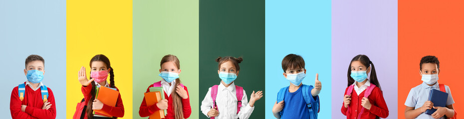 Many schoolchildren wearing medical masks on colorful background