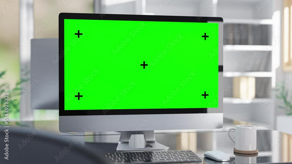 Poster computer mockup on work desk in office designed in minimal. selective focus on screen. can be used i