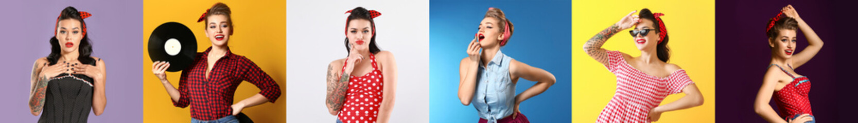 Fototapeta premium Set of beautiful pin-up women on colorful background