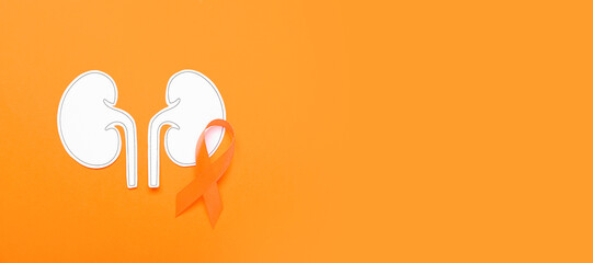 Orange ribbon and paper kidneys on color background. Cancer awareness concept