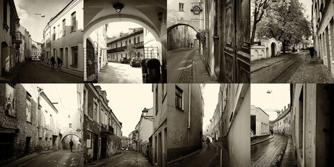 Collage of the old city of Vilnius. Beautiful narrow streets and ancient architecture, sepia.