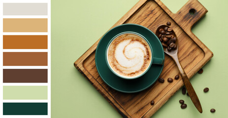 Cup of hot cappuccino and spoon with beans on green background. Different color patterns