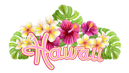 Hawaii art decor. Hand drawn hawaiian watercolor painting with Hibiscus rose, frangipani flowers and palm leaf isolated on white background. Tropical floral summer ornament. Design element. © Marisha