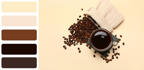 Cup of hot coffee and beans on beige background. Different color patterns